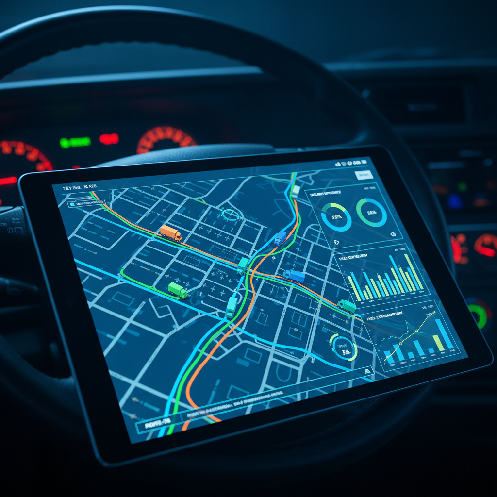 Modern fleet management dashboard showing truck tracking data