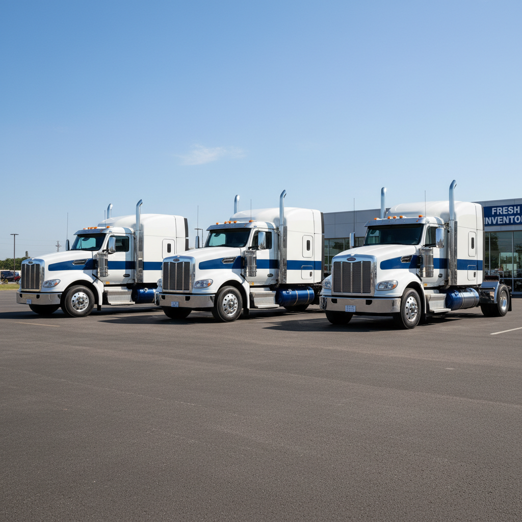 New heavy-duty trucks in a dealership lot